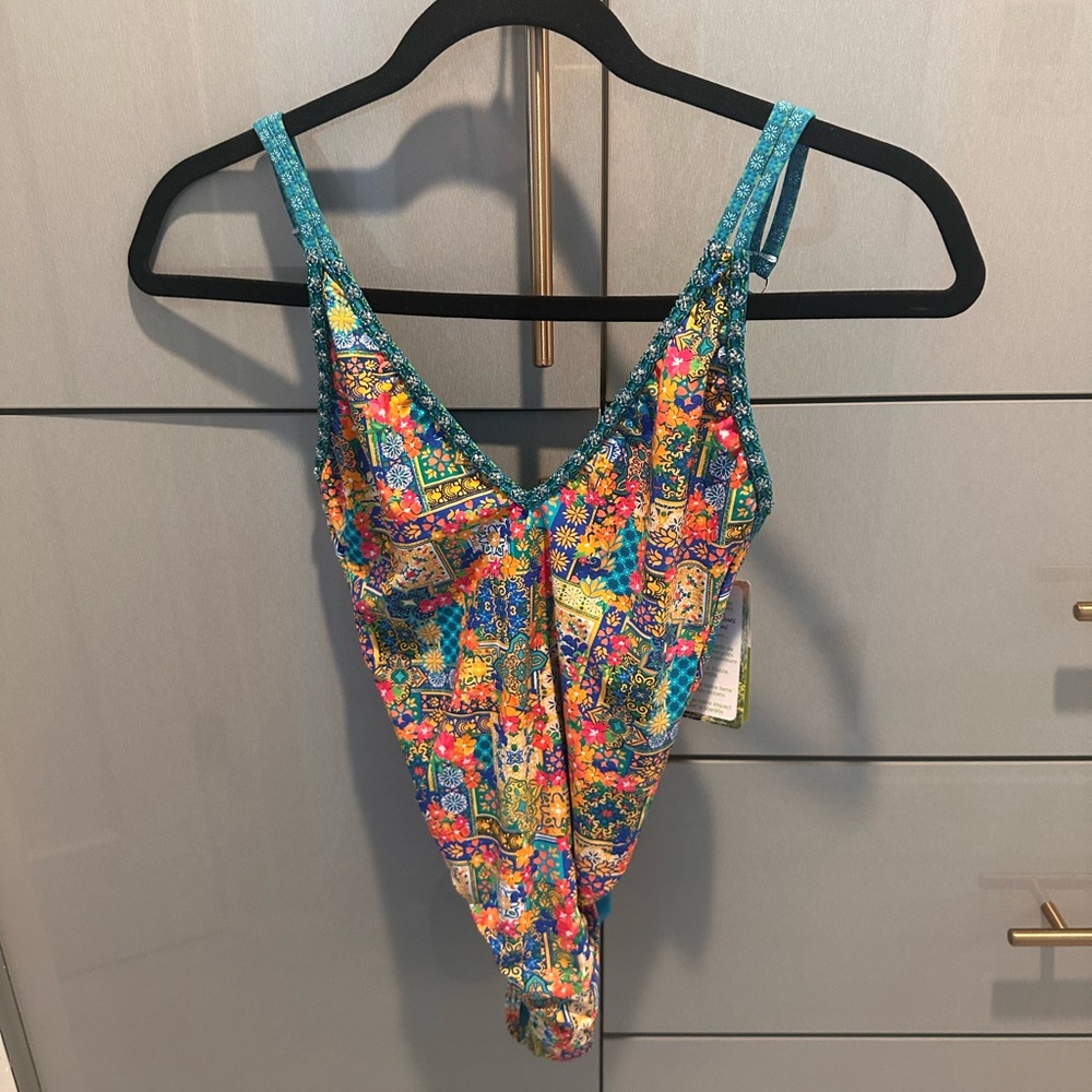 Colorful Floral Tile One-Piece Swimsuit - Teal Multicolor